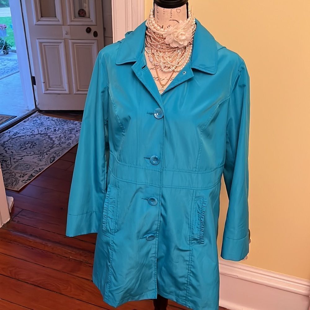 *MACYS* Relativity Sz L Ruffle -Trim Hooded Turquoise Tiffany Blue Detail Trench